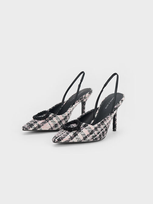 Tweed Beaded Circle Slingback Pumps, Pink, hi-res