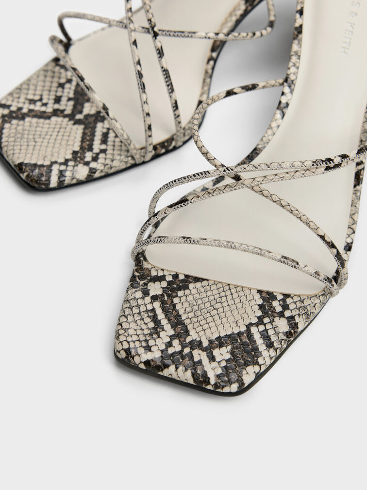 Snake-Print Strappy Heeled Sandals, Animal Print Natural, hi-res