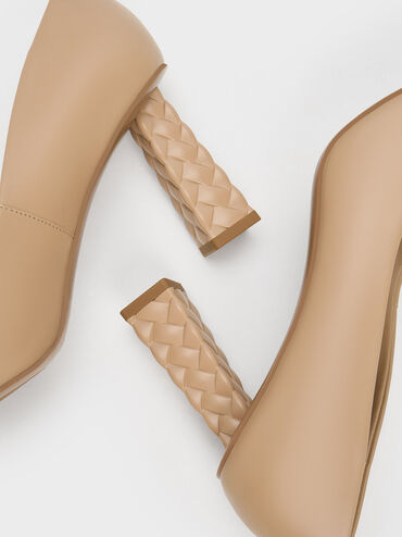 Quilted Heel Pointed-Toe Pumps, Nude, hi-res