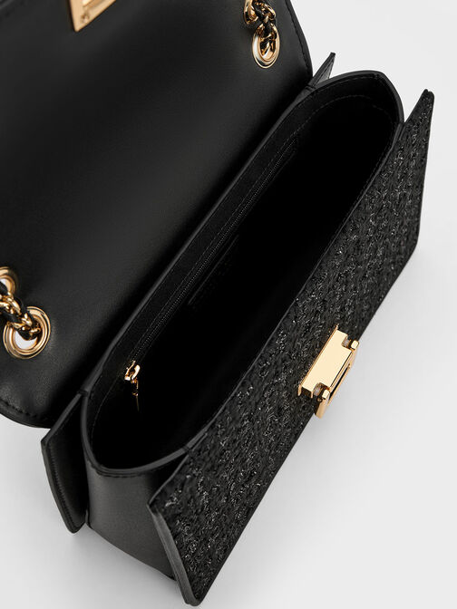 Metallic Push-Lock Tweed Bag, Black, hi-res