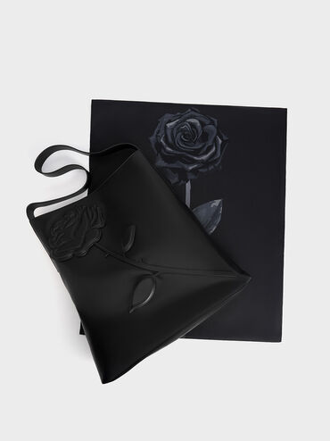 Rose-Motif Trapeze Shoulder Bag, Noir, hi-res