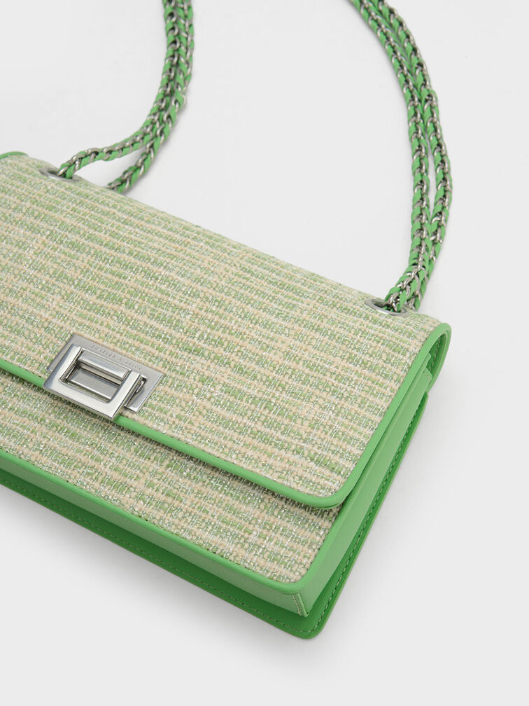Metallic Push-Lock Tweed Bag, Green, hi-res