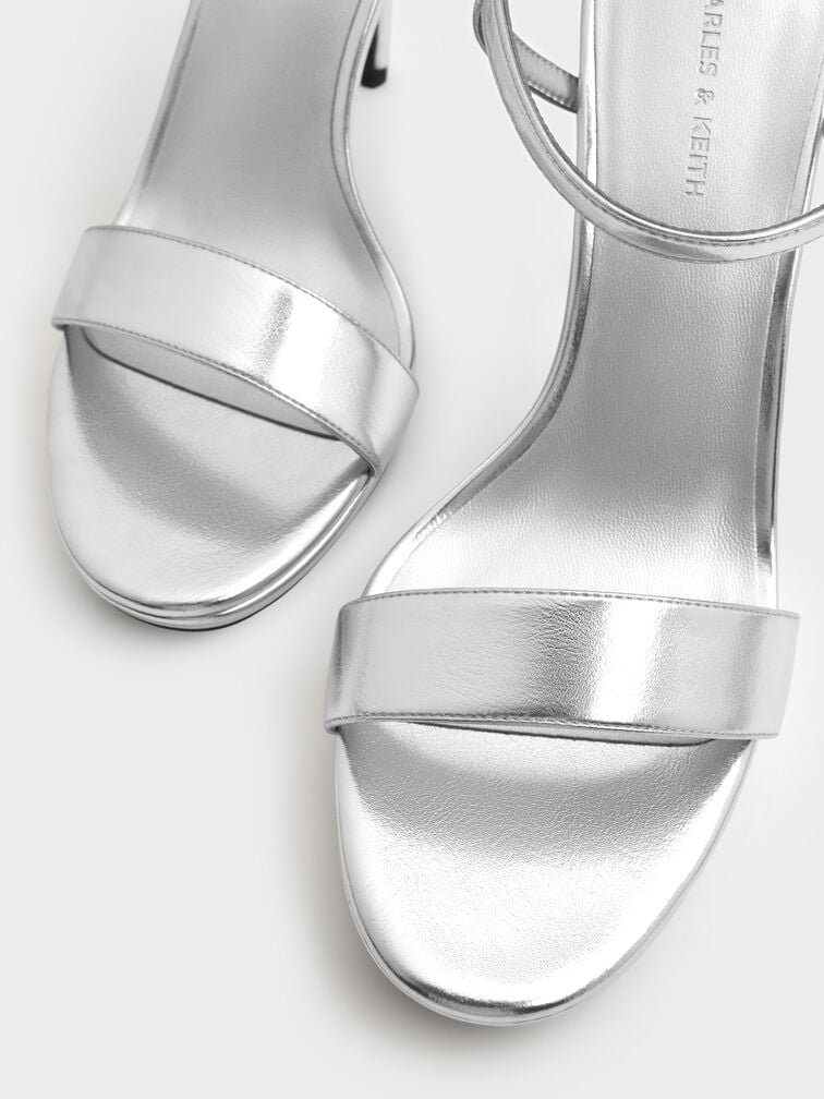Metallic Ankle-Strap Stiletto Sandals, Silver, hi-res