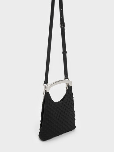 Spike Textured Metallic-Handle Bag, Noir, hi-res