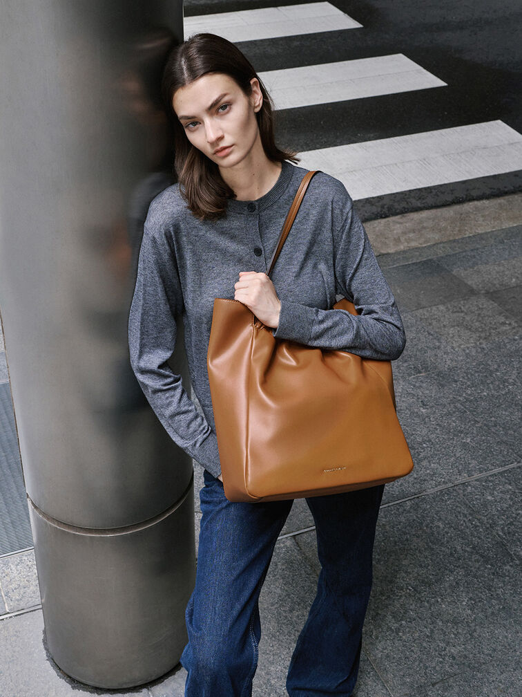 Brigette Ruched Tote Bag, Brown, hi-res