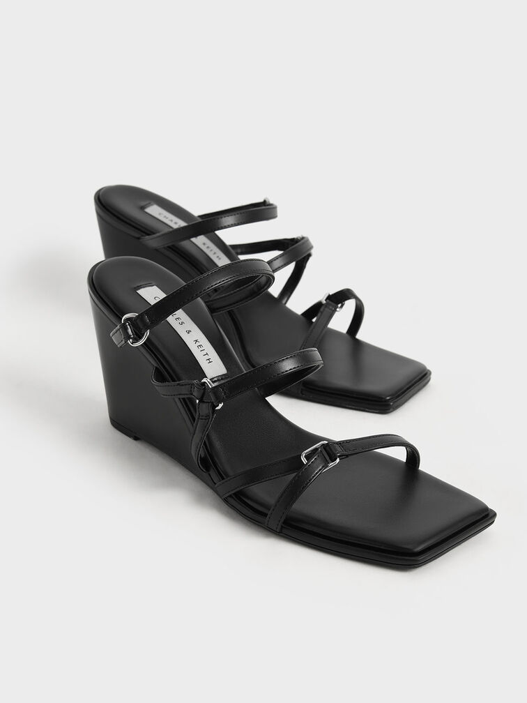 Strappy Wedge Mules, Black, hi-res