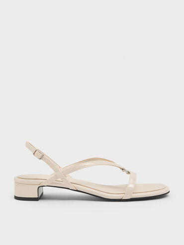 Patent V-Strap Heeled Slingback Sandals, Chalk, hi-res