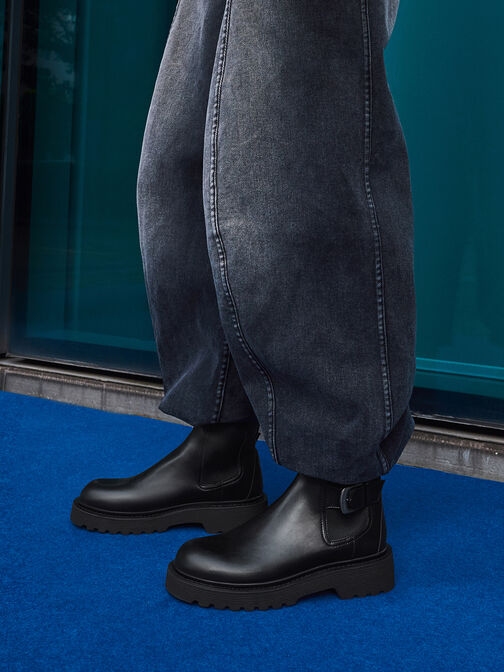 Side-Buckle Ridged-Sole Chelsea Boots, Black, hi-res