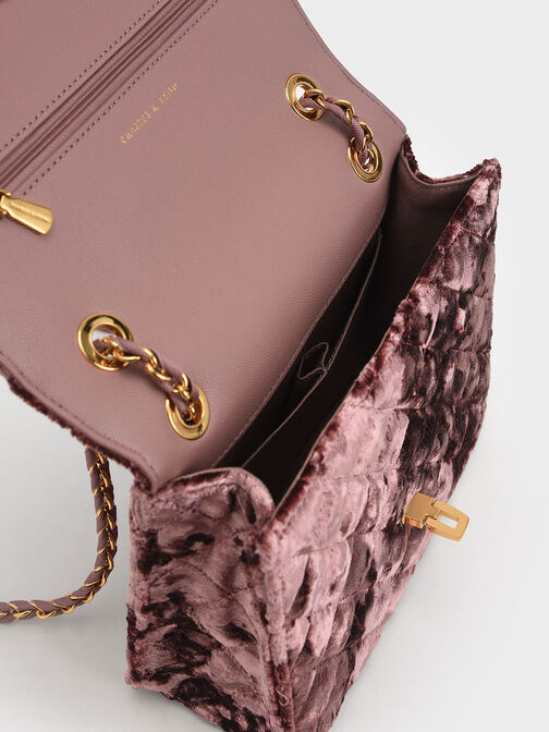 Velvet Quilted Push-Lock Clutch Bag, Mauve, hi-res