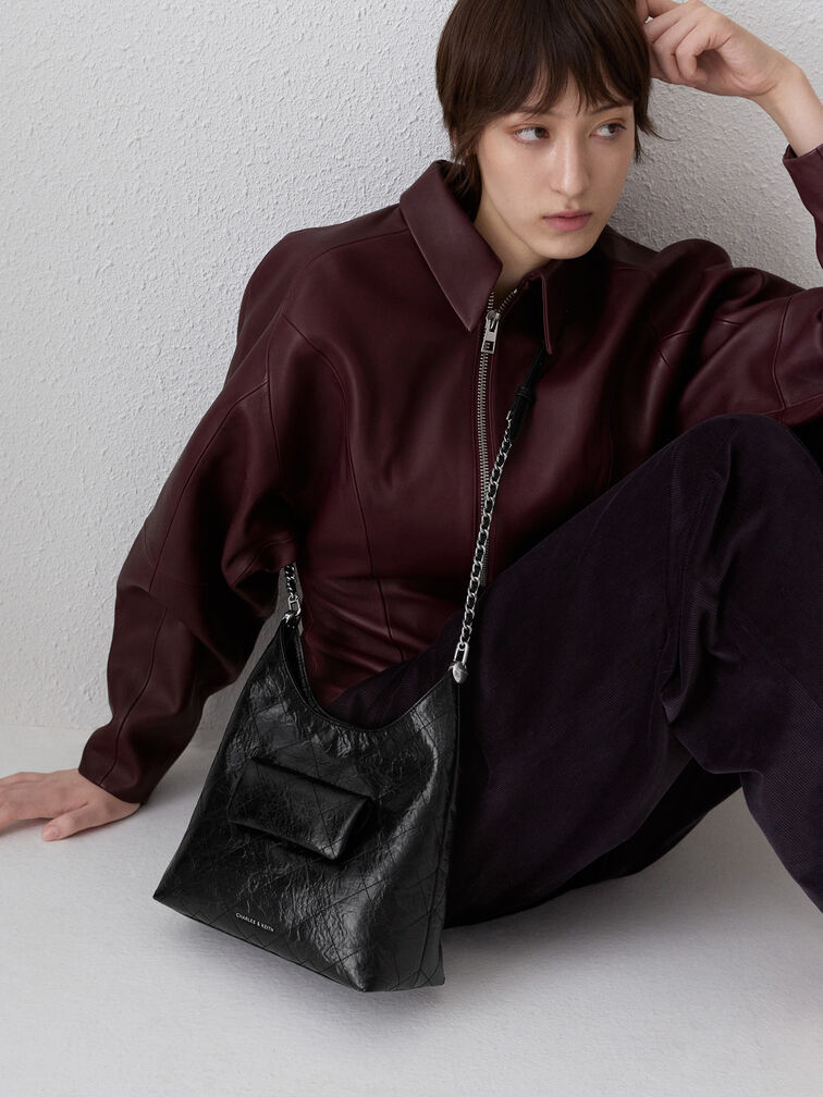 Duo Quilted Front-Pocket Chain Hobo Bag, Noir, hi-res