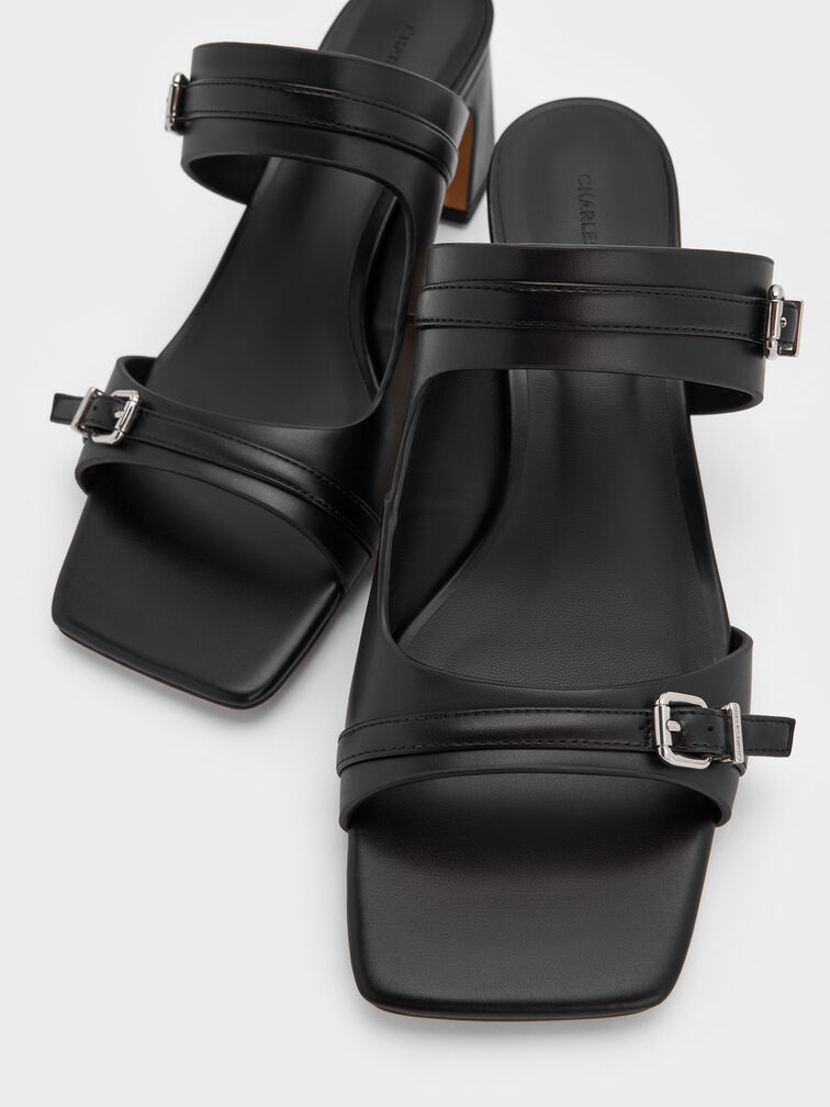 Buckled Double-Strap Heeled Mules, Black, hi-res