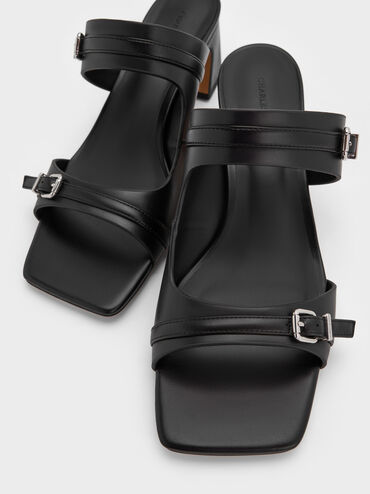 Buckled Double-Strap Heeled Mules, Black, hi-res