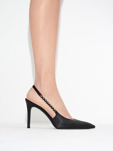 Flores Recycled Polyester Gem-Strap Slingback Pumps, Black, hi-res