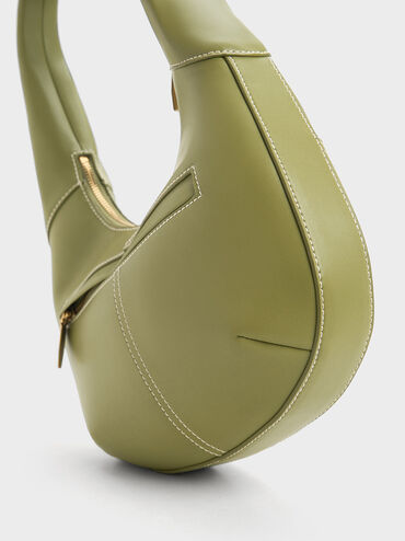 Anthea Contrast-Trim Curved Hobo Bag, Olive, hi-res