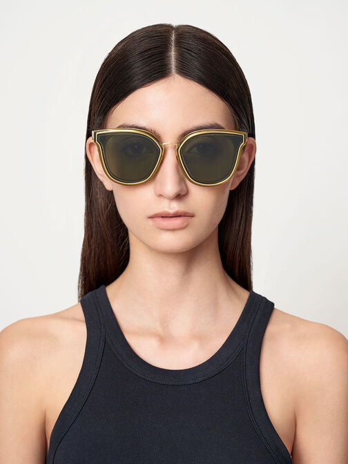 Gold-Trim Rectangular Sunglasses, Green, hi-res
