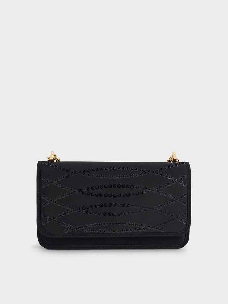 Satin Sequinned Chain-Handle Mini Bag, Black, hi-res