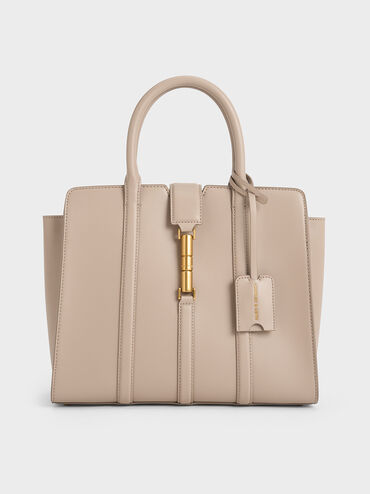 Large Cesia Metallic Accent Tote Bag, Taupe, hi-res