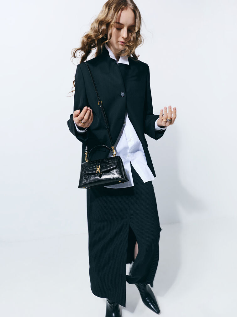 Adalyn Croc-Effect Metallic-Buckle Chain-Strap Top Handle Bag, Black Croco, hi-res