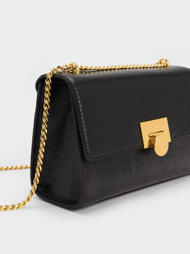 Snake Print Metallic Accent Clutch, Black, hi-res
