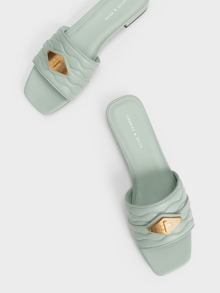 Metallic Buckle Textured Slides, Mint Green, hi-res
