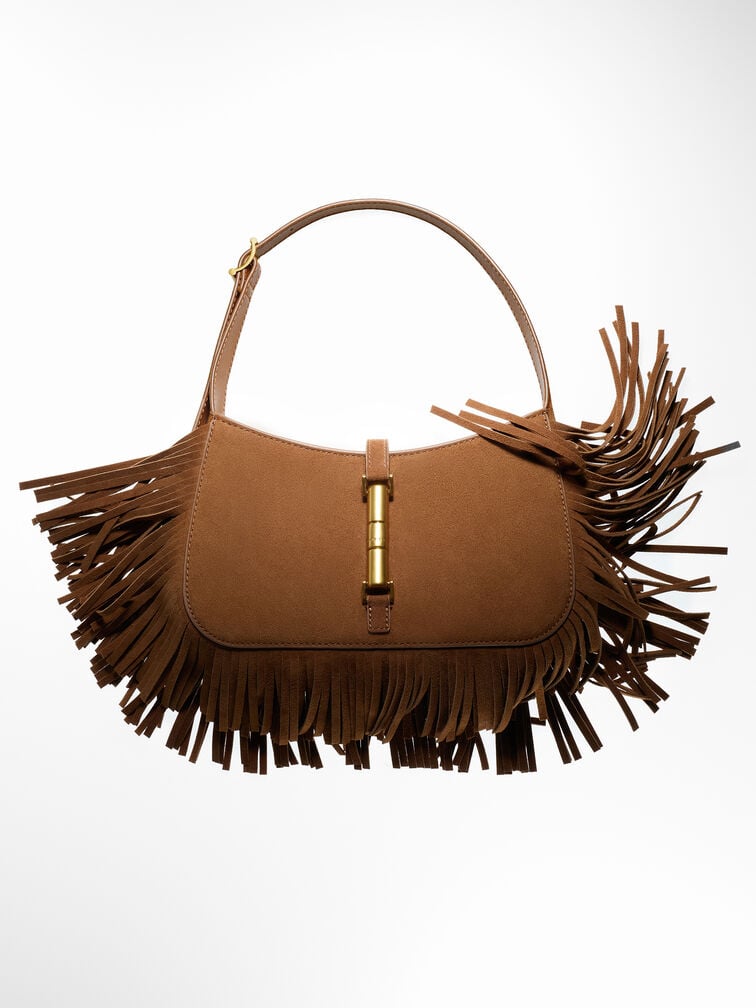 Cesia Recycled Suede Fringed Hobo Bag, Sienna Brown, hi-res