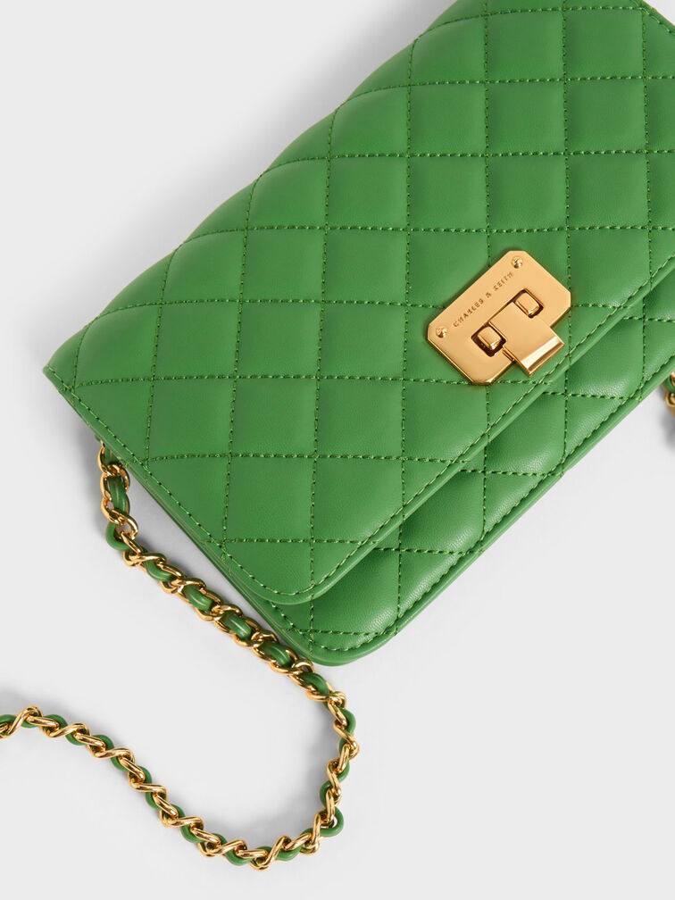 Quilted Push-Lock Clutch, Green, hi-res