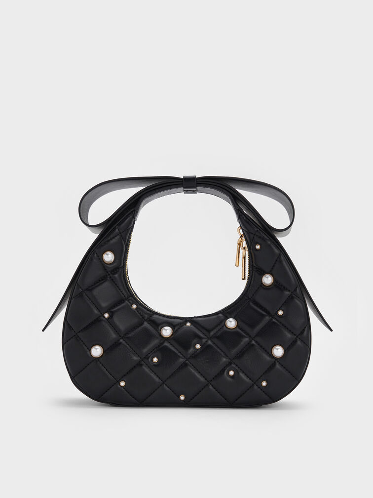 Janie Quilted Pearl-Embellished Bow-Handle Crescent Bag, Black, hi-res