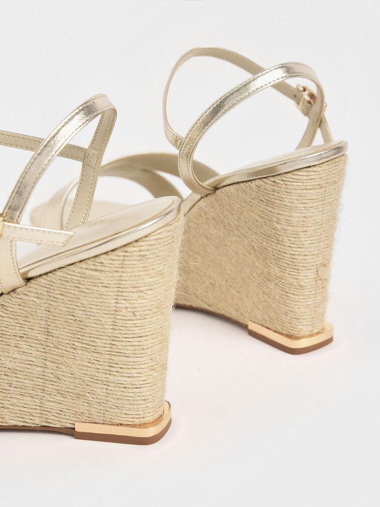 Metallic Asymmetric Strap Platform Wedges, Gold, hi-res