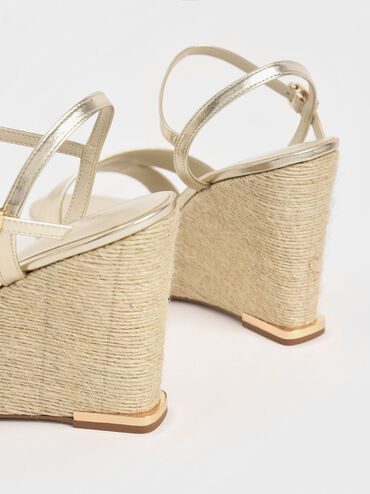 Metallic Asymmetric Strap Platform Wedges, Gold, hi-res