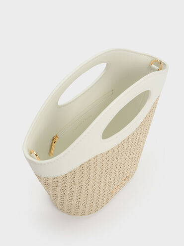 Raffia Drawstring Bucket Bag, White, hi-res