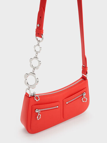 Flower-Embellished Shoulder Bag, Red, hi-res