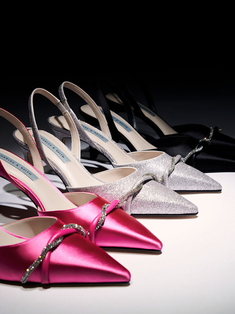 Twist Detail Glittered Slingback Pumps, Silver, hi-res