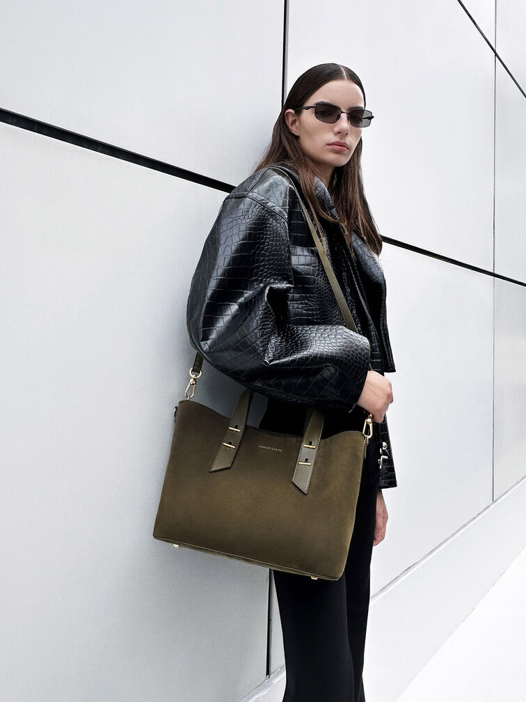 Shania Recycled Suede Tote Bag, Deep Olive, hi-res