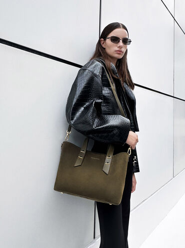 Shania Recycled Suede Tote Bag, Deep Olive, hi-res