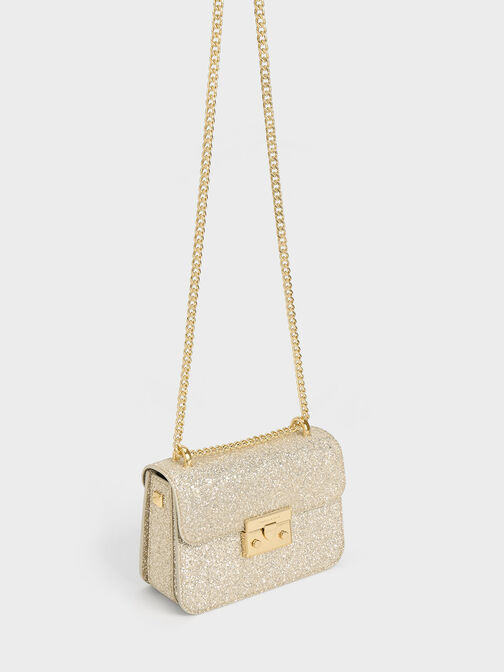 Glittered Push-Lock Chain-Handle Bag, Ivory, hi-res
