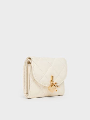 Arrietty Quilted Bow-Heart Charm Curved-Flap Wallet, Cream, hi-res