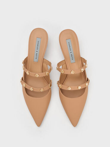 Studded Trapeze Heel Mules, Camel, hi-res