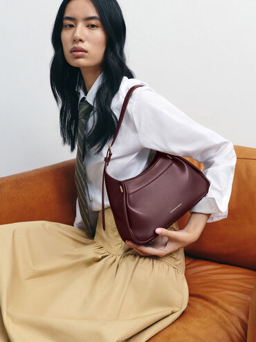 Clarice Pleated Shoulder Bag, Wineberry Red, hi-res