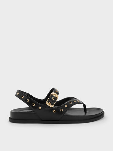 Grommet Thong Slingback Sandals, Black, hi-res