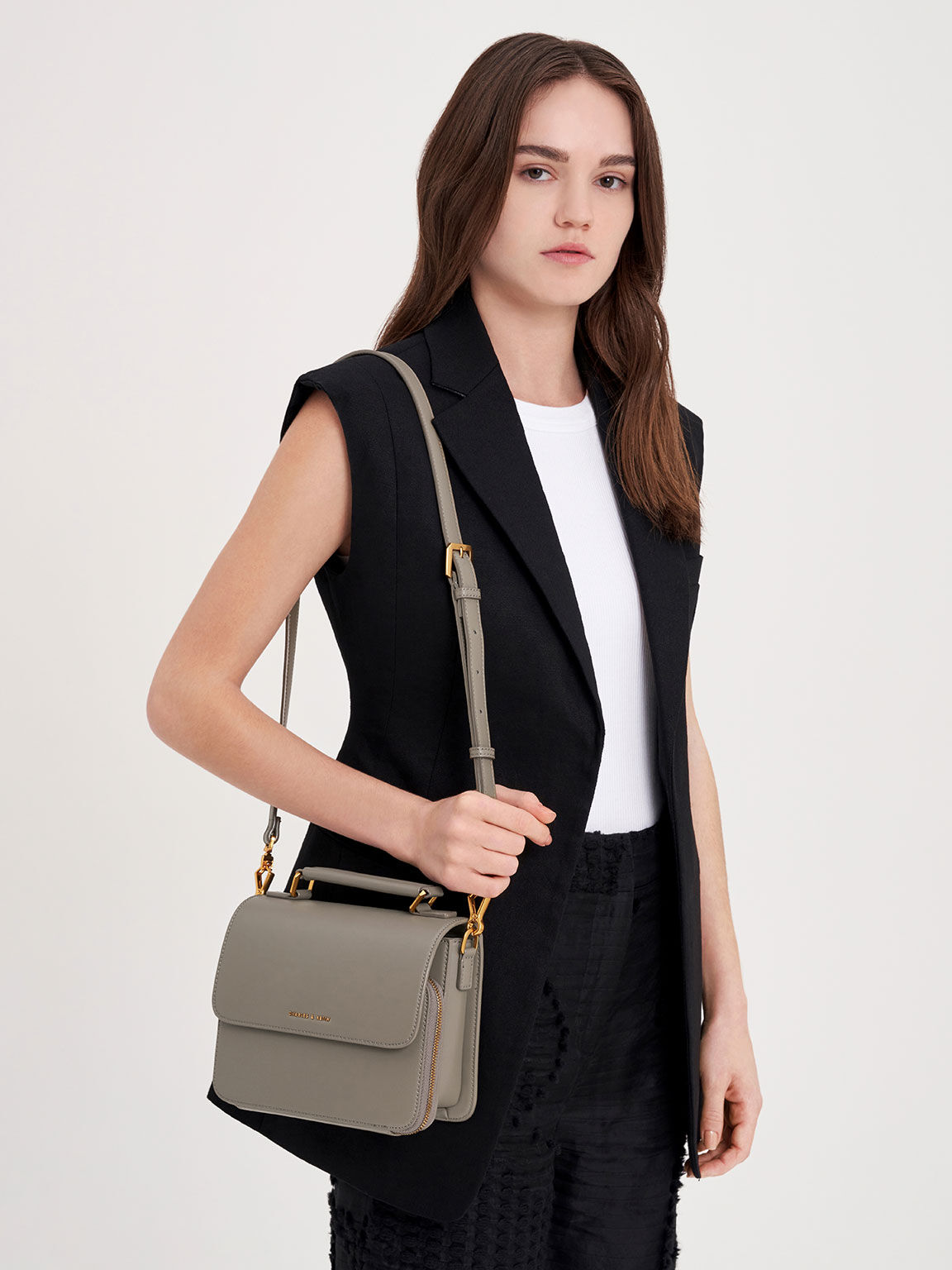 Taupe Front Flap Top Handle Crossbody Bag CHARLES KEITH IN