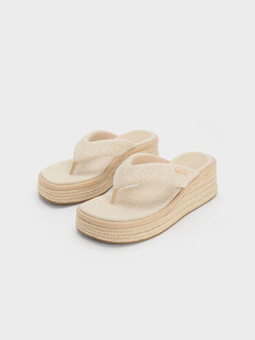 Linen Espadrille Thong Sandals, Beige, hi-res