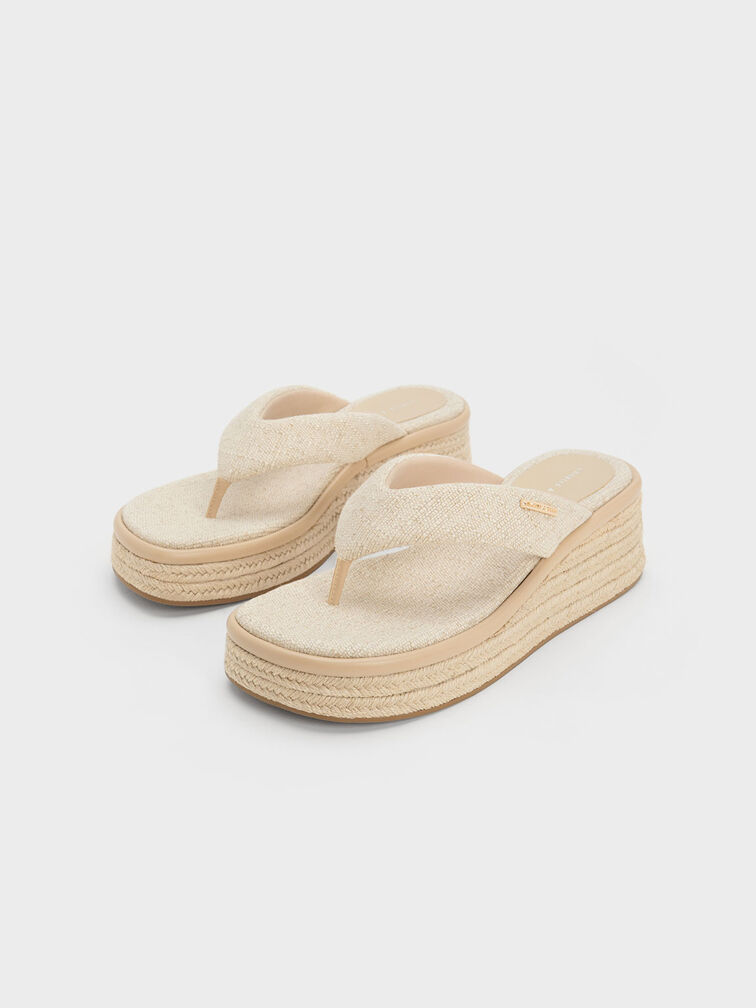 Linen Espadrille Thong Sandals, Beige, hi-res