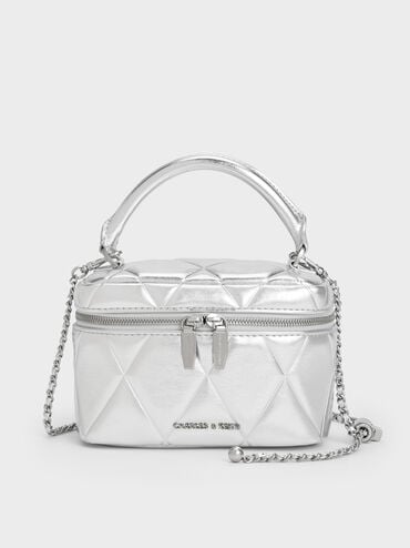 Arwen Metallic Quilted Top Handle Vanity Bag, Silver, hi-res