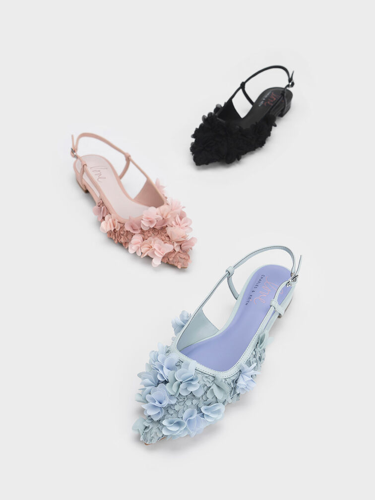 Floral Mesh Slingback Flats, Black, hi-res
