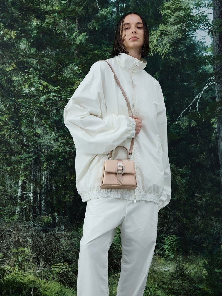 Satin Crystal-Buckle Belted Top Handle Bag, Sunset Nude, hi-res