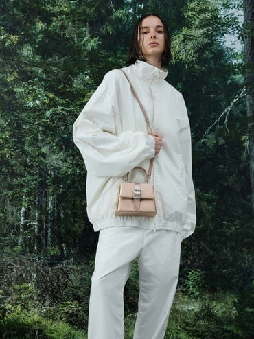 Satin Crystal-Buckle Belted Top Handle Bag, Sunset Nude, hi-res