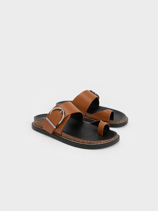 Metallic Buckle Toe-Ring Sandals, Cognac, hi-res