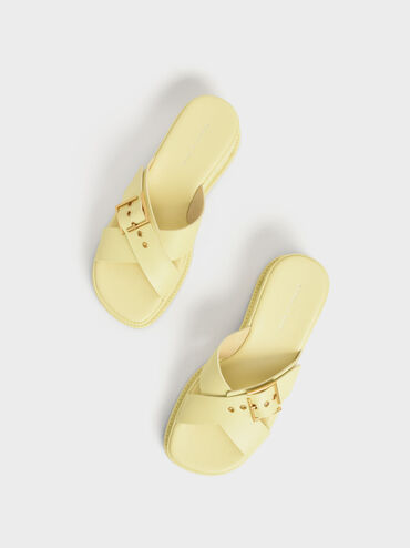 Buckled Crossover Curved Platform Sandals, Yellow, hi-res