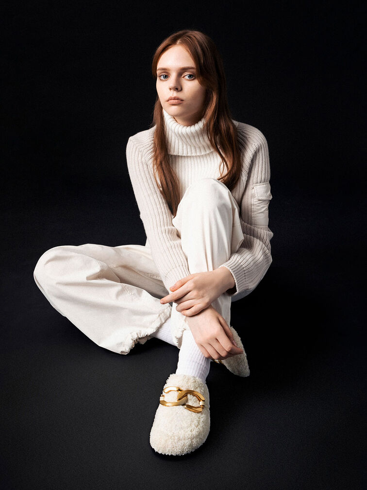Metallic Accent Furry Loafer Mules, Chalk, hi-res