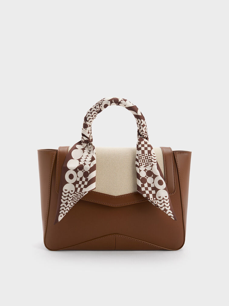 Arley Canvas Scarf-Wrapped Top Handle Bag, Chocolate, hi-res